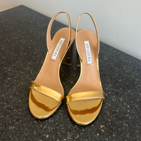 New Aquazzura Gold Metallic Leather Block Heel Sandal - Picture 2 of 9